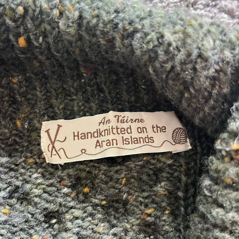 VTG Aran Islands Irish Wool Sweater Green Chunky Fisherman Cable Knit Shawl Sz L